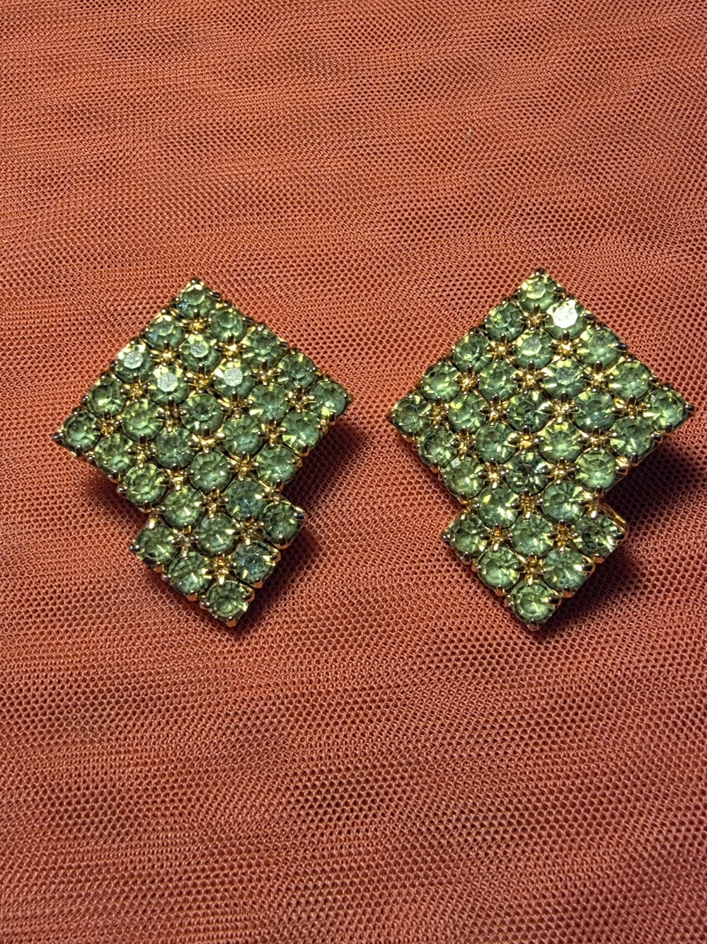 Vintage Gold-Tone Green Paridot Rhinestone Pave Square Clip On Earrings